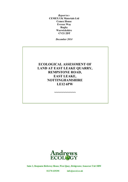 Ecological Assessment of Land at East Leake Quarry, Rempstone Road, East Leake, Nottinghamshire Le12 6Pw ~~~~~~~~~~~~