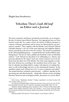 Yehoshua Thon's Luah Ahi'asaf: an Editor and a Journal