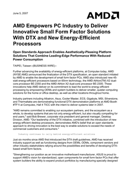 AMD Empowers PC Industry to Deliver Innovative Small Form Factor Solutions with DTX and New Energy-Efficient Processors