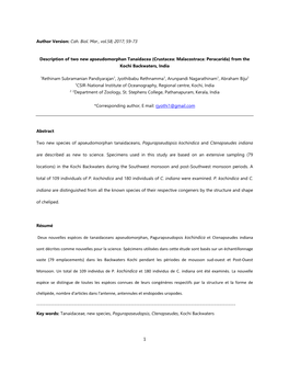 Author Version: Cah. Biol. Mar., Vol.58; 2017; 59-73 Description of Two New Apseudomorphan Tanaidacea (Crustacea: Malacostraca