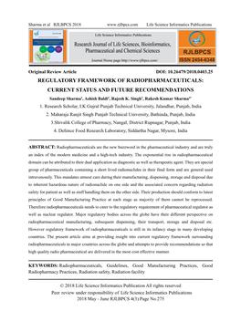 REGULATORY FRAMEWORK of RADIOPHARMACEUTICALS: CURRENT STATUS and FUTURE RECOMMENDATIONS Sandeep Sharma1, Ashish Baldi2, Rajesh K