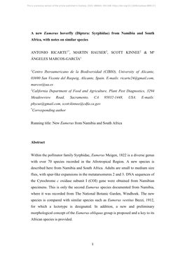 A New Eumerus Hoverfly (Diptera: Syrphidae) from Namibia and South Africa, with Notes on Similar Species ANTONIO RICARTE1*, MART