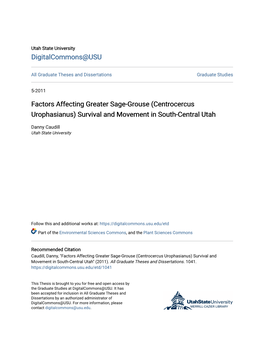 Factors Affecting Greater Sage-Grouse (Centrocercus Urophasianus) Survival and Movement in South-Central Utah