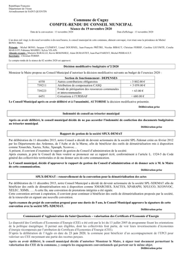 Commune De Cugny COMPTE-RENDU DU CONSEIL MUNICIPAL Séance Du 19 Novembre 2020 Date De La Convocation : 13 Novembre 2020 Date D'affichage : 13 Novembre 2020