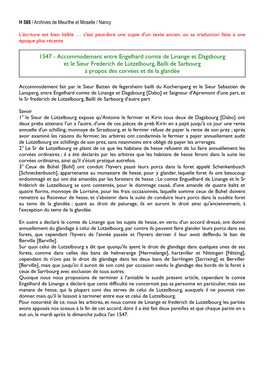 1547 - Accommodement Entre Engelhard Comte De Linange Et Dagsbourg Et Le Sieur Frederich De Lützelbourg, Bailli De Sarbourg À Propos Des Corvées Et De La Glandée