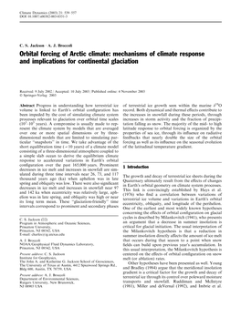 Orbital Forcing of Arctic Climate: Mechanisms of Climate Response and Implications for Continental Glaciation