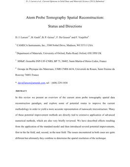 Atom Probe Tomography Spatial Reconstruction: Status and Directions