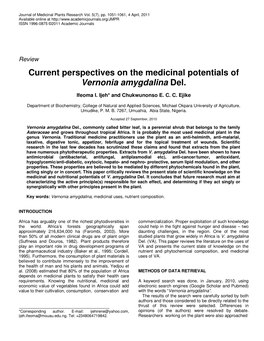 Current Perspectives on the Medicinal Potentials of Vernonia Amygdalina Del
