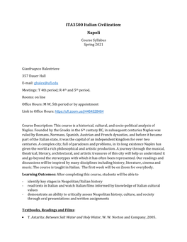 ITA3500 Italian Civilization: Napoli Course Syllabus Spring 2021