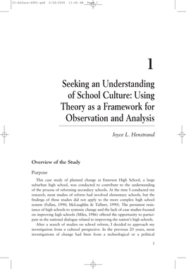 Seeking an Understanding of School Culture: Using Theory As a Framework for Observation and Analysis