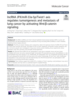 Lncrna JPX/Mir-33A-5P/Twist1 Axis Regulates Tumorigenesis and Metastasis of Lung Cancer by Activating Wnt/Β-Catenin Signaling