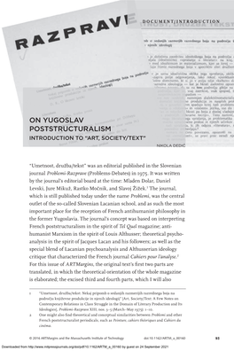 ON YUGOSLAV POSTSTRUCTURALISM INTRODUCTION to “ART, SOCIETY/TEXT” Nikola Dedic´