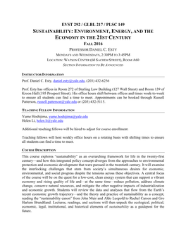 Sustainability: Environment, Energy, and the Economy in the 21St Century Fall 2016 Professor Daniel C