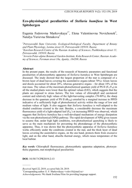 Eco-Physiological Peculiarities of Stellaria Humifusa in West Spitsbergen