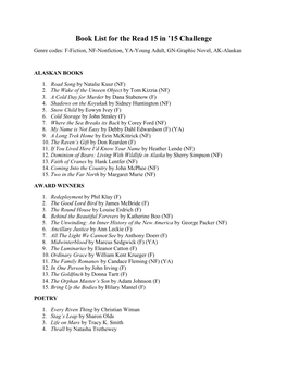 Book List for the Read 15 in ’15 Challenge Genre Codes: F-Fiction, NF-Nonfiction, YA-Young Adult, GN-Graphic Novel, AK-Alaskan