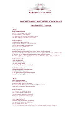 COSTA (FORMERLY WHITBREAD) BOOK AWARDS Shortlists 1995