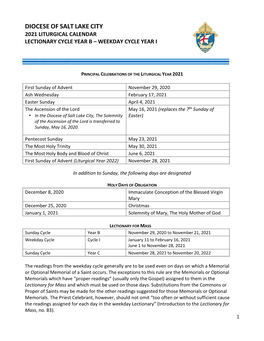 2021 Liturgical Calendar Lectionary Cycle Year B – Weekday Cycle Year I