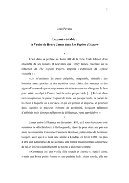 Jean Pavans Le Passé Visitable : La Venise De Henry James Dans Les