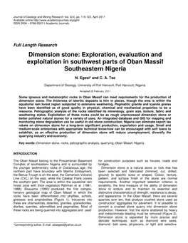 Dimension Stone: Exploration, Evaluation and Exploitation in Southwest Parts of Oban Massif Southeastern Nigeria