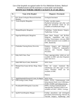 List of the Hospitals Recognized Under for Goa Mediclaim Scheme, Medical Reimbursement and the Treatment Covered Under Each Hospital