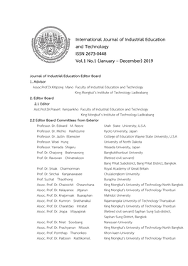 International Journal of Industrial Education and Technology ISSN 2673-0448 Vol.1 No.1 (January – December) 2019