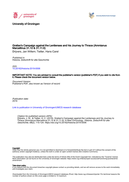 Gratian's Campaign Against the Lentienses and His Journey to Thrace (Ammianus Marcellinus 31.10 & 31.11.6) Drijvers, Jan Willem; Teitler, Hans Carel