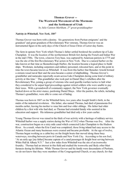 Thomas Grover -- the Westward Movement of the Mormons and the Settlement of Utah by Julie Cannon Markham, 2Nd Great-Granddaughter