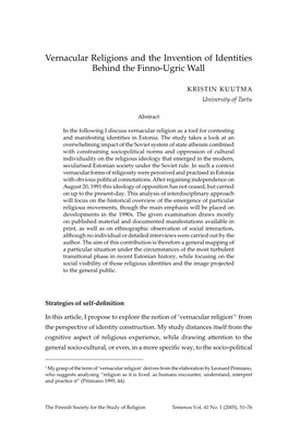 Vernacular Religions and the Invention of Identities Behind the Finno-Ugric Wall