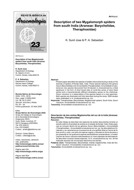 Description of Two Mygalomorph Spiders from South India (Araneae: Barychelidae, Theraphosidae)