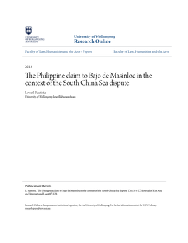 The Philippine Claim to Bajo De Masinloc in the Context of the South China Sea Dispute