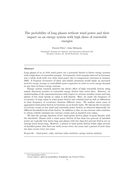 The Probability of Long Phases Without Wind Power and Their Impact on an Energy System with High Share of Renewable Energies