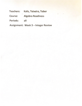 Algebra Readiness Assignment: Week 3 Integer Review