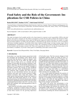 Food Safety and the Role of the Government: Im- Plications for CSR Policies in China