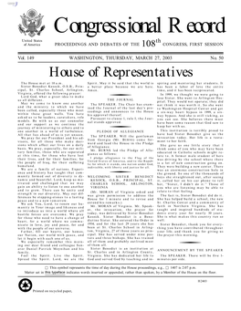 Congressional Record United States Th of America PROCEEDINGS and DEBATES of the 108 CONGRESS, FIRST SESSION