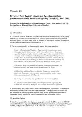 Iraq: Security Situation in Baghdad, Southern Governorates and the Kurdistan Region of Iraq (KRI), April 2015