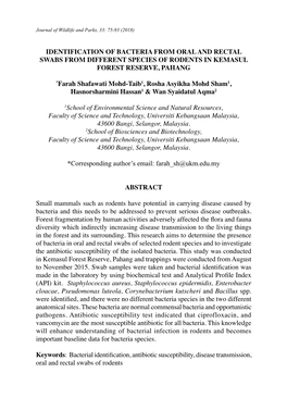 Identification of Bacteria from Oral and Rectal Swabs from Different Species of Rodents in Kemasul Forest Reserve, Pahang