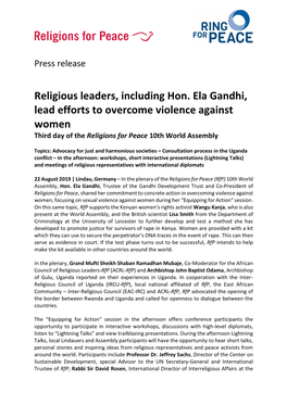 Religious Leaders, Including Hon. Ela Gandhi, Lead Efforts to Overcome Violence Against Women Third Day of the Religions for Peace 10Th World Assembly