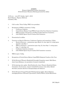 JW/31Mar18 Agenda WBCA NCAA Division I Business Meeting April 1, 2018 Page No