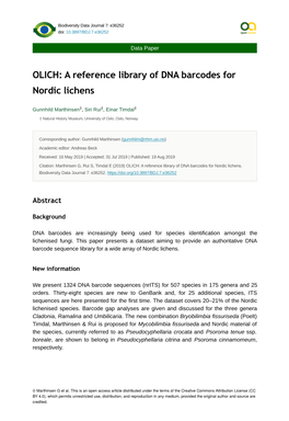 A Reference Library of DNA Barcodes for Nordic Lichens