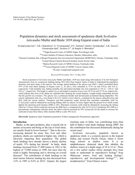 Population Dynamics and Stock Assessment of Spadenose Shark Scoliodon Laticaudus Muller and Henle 1839 Along Gujarat Coast of India