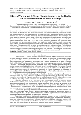 Effects of Variety and Different Storage Structures on the Quality of Cola Acuminata and Cola Nitida in Storage