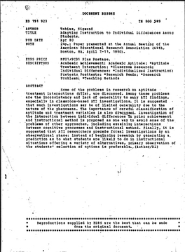 Adapting Instruction to Individual Differences Among Students. PUE DATE Apr 80 NOTE 24P.: Paper Presented at the Annual Meeting of the American