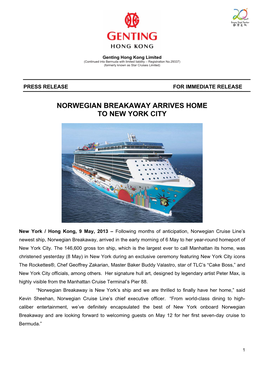 Norwegian Breakaway Arrives Home to New York City