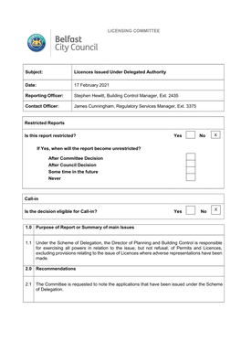 Licences Issued Under Delegated Authority Date