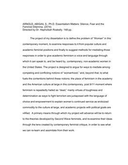 ARNOLD, ABIGAIL S., Ph.D. Essentialism Matters: Silence, Fear and the Feminist Dilemma