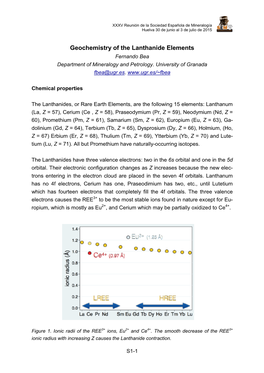 Geochemistry of the Lanthanide Elements Fernando Bea Department of Mineralogy and Petrology