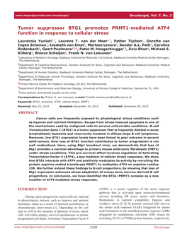 Tumor Suppressor BTG1 Promotes PRMT1-Mediated ATF4 Function in Response to Cellular Stress