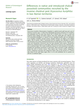 Differences in Native and Introduced Chalcid Parasitoid Communities