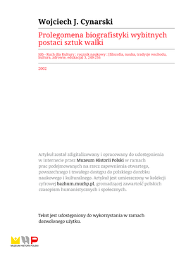 Wojciech J. Cynarski Prolegomena Biografistyki Wybitnych Postaci Sztuk Walki