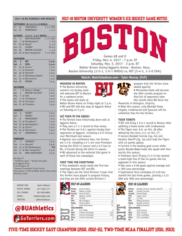 Bu Schedule and Results 2017-18 Boston University Women’S Ice Hockey Game Notes